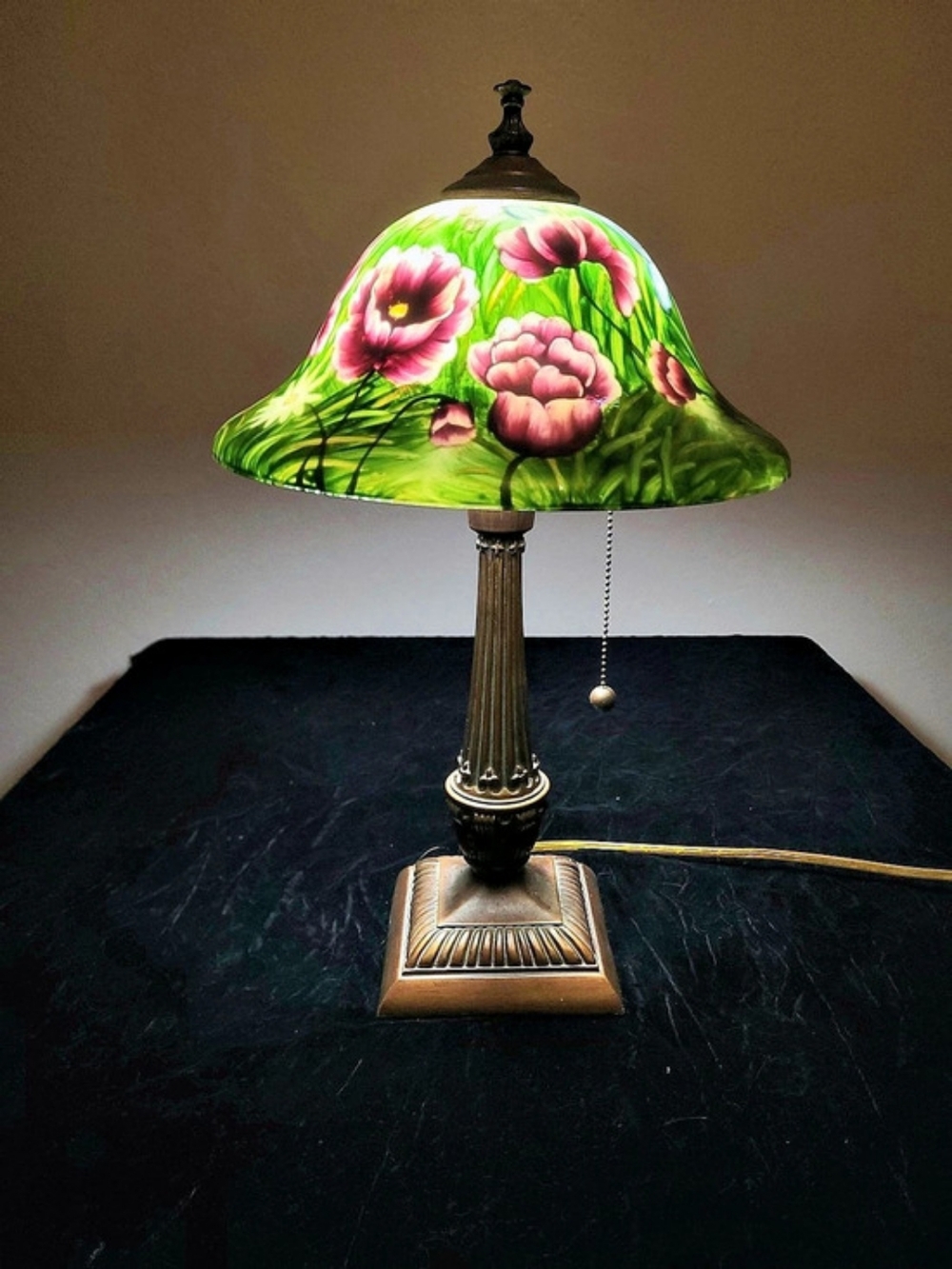 Jefferson Style Reverse Hand Painted Floral Table Lamp, Green & Pink